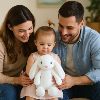 Lapin en peluche blanc qui rend tout le monde heureux