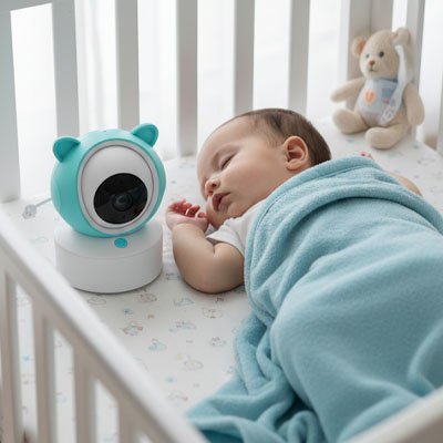 Camera bebe placée près du lit pour veiller sur l’enfant
