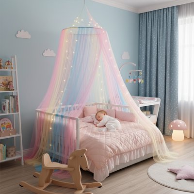 Ciel de lit bébé intégré à l’univers décoratif de la chambre