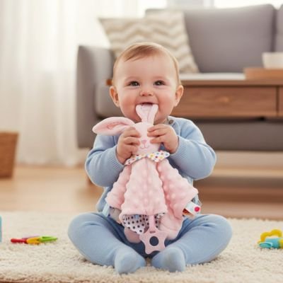Doudou bebe en tissu doux, adapté aux petites mains