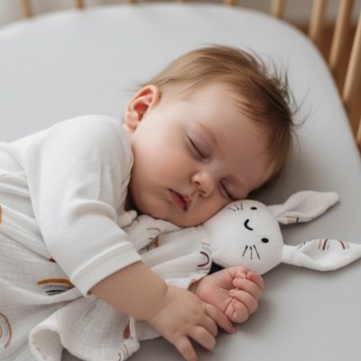 Doudou lapin doux utilisé lors des moments de repos