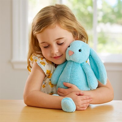 Lapin en peluche douce utilisée comme doudou pour enfant et bebe