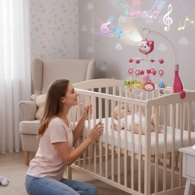 Mobile musical bébé suspendu au-dessus du lit pour apaiser l’enfant