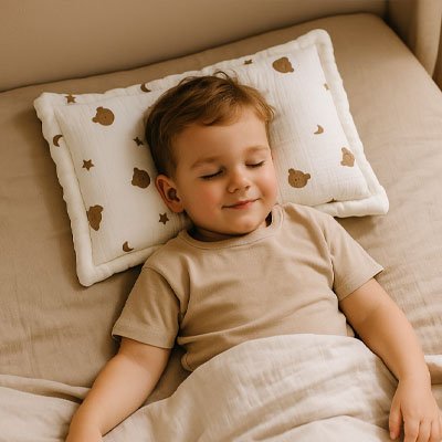 Oreiller bebe en tissu doux posé dans une chambre enfant