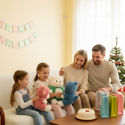 Ours en peluche de couleur douce, posé dans une chambre bébé comme doudou décoratif