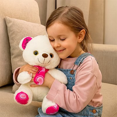 Ours en peluche douce utilisée comme doudou pour enfant