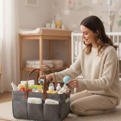 Panier rangement bébé décoratif en tissu beige
