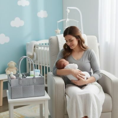 Panier rangement bebe en tissu avec anses, posé sur une commode