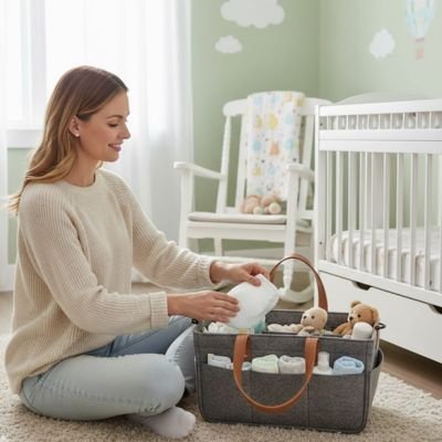 Panier rangement bébé en tissu avec anses, posé sur une commode