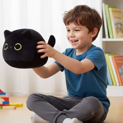 Peluche chat noir douce pour enfant, idéale pour les câlins