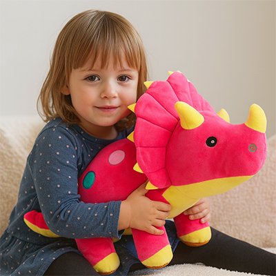 Peluche dinosaure au tissu doux, posé dans une chambre enfant