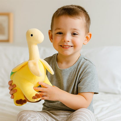 Peluche dinosaure au tissu doux, posée dans une chambre enfant