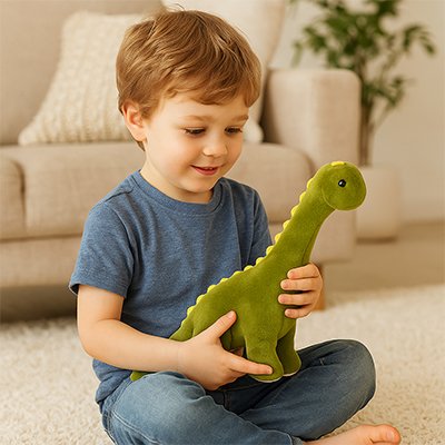 Peluche dinosaure douce utilisée comme doudou pour enfant