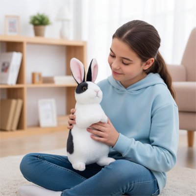 Peluche lapin au tissu doux, posée dans une chambre enfant
