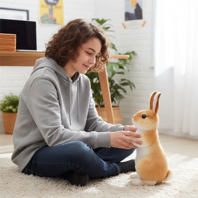 Peluche lapin douce utilisée comme doudou pour enfant