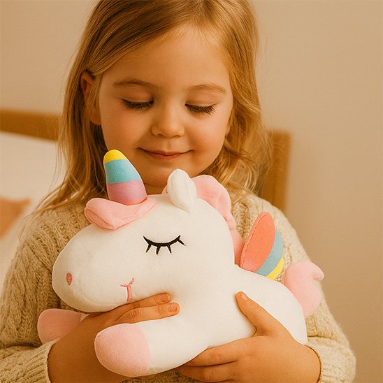 Peluche licorne douce utilisée comme doudou pour enfant