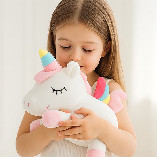 Peluche licorne servant de compagnon de jeu pour enfant et bebe