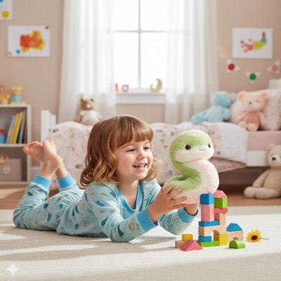 Peluche serpent aux couleurs douces, posée comme élément décoratif dans une chambre enfant