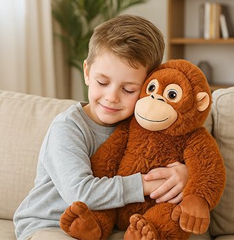 Peluche singe au tissu doux, posée dans une chambre enfant