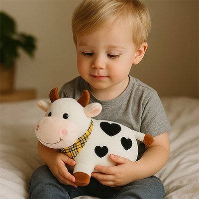 Peluche vache douce utilisée comme doudou pour enfant