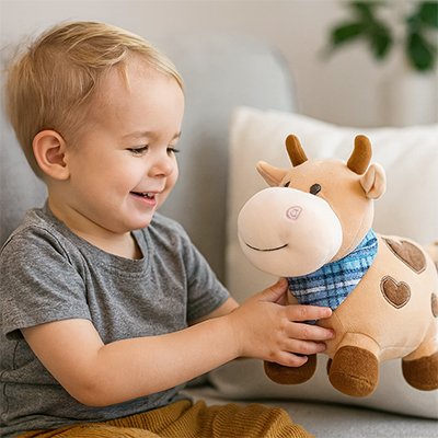 Peluche vache servant de compagnon de jeu pour enfant