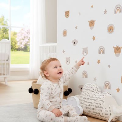 Stickers muraux enfant  posés sur un mur de chambre bébé