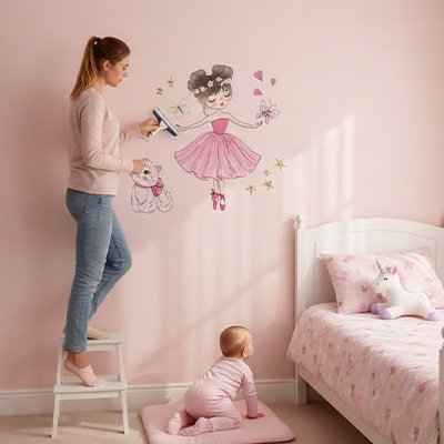 Stickers muraux enfant posés sur un mur de chambre bébé