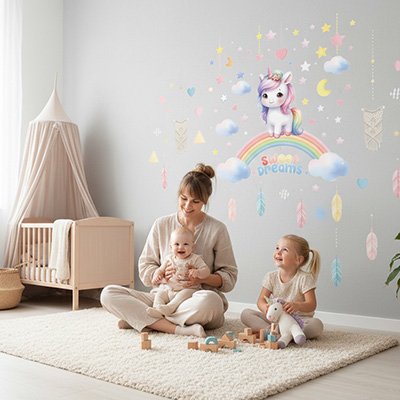 Stickers muraux enfant posés sur un mur de chambre bébé
