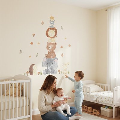 Stickers muraux enfant posés sur un mur de chambre bébé