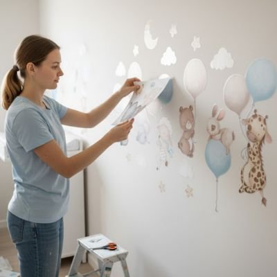 Stickers muraux enfant posés sur un mur de chambre bébé