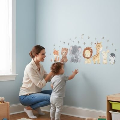 Stickers muraux posés sur un mur de chambre bébé