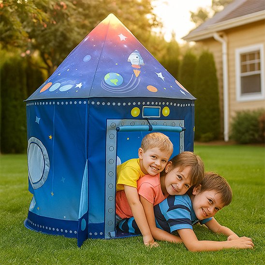 Tente enfant en tissu installée pour un coin lecture et jeu