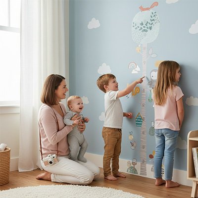 Toise décorative installée sur un mur de chambre