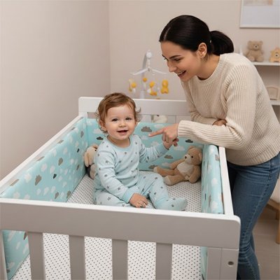 Tour de lit bébé en tissu doux installé dans un lit à barreaux