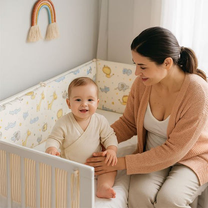 Tour de lit bébé posé dans un lit à barreaux