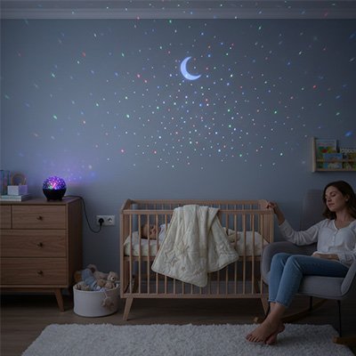 Veilleuse projection diffusant une lumière douce dans la chambre bébé