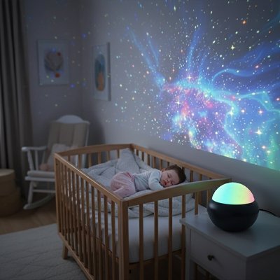Veilleuse projection pour bébé diffusant une lumière douce et apaisante pour le sommeil dans la chambre